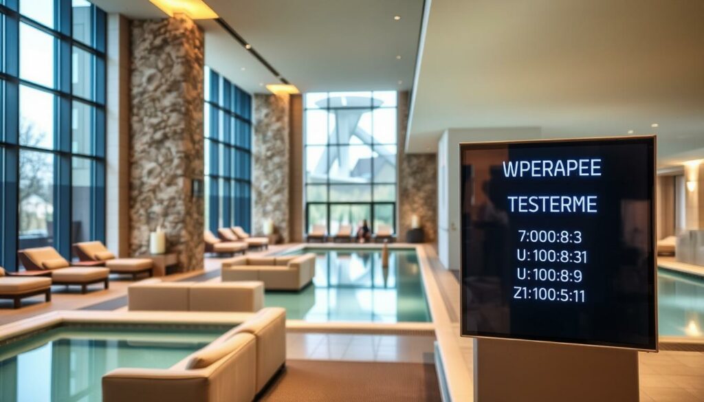 A modern, well-lit interior of a spa or thermal bath facility. In the foreground, a large digital display shows the current operating hours of the THERME Bad Wörishofen, with a clear and legible font. The middle ground features plush, comfortable seating areas and high-end, minimalist furnishings in soothing earth tones. The background showcases the architectural details of the building, such as tall windows, natural stone accents, and subtle lighting fixtures that create a tranquil, relaxing atmosphere. The overall scene conveys a sense of luxury, wellness, and attention to detail that matches the reputation of the THERME Bad Wörishofen.