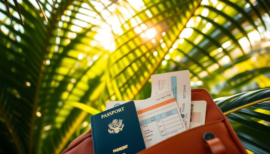 A neatly organized collection of travel documents lies against a backdrop of tropical greenery. A passport, vaccination card, and tickets are meticulously arranged, conveying a sense of preparedness for an immersive island adventure. Warm sunlight filters through the foliage, casting a golden glow and creating a mood of tranquility and anticipation. The frame is composed to draw the eye to the essential travel essentials, emphasizing their importance for the practical information section of the article.