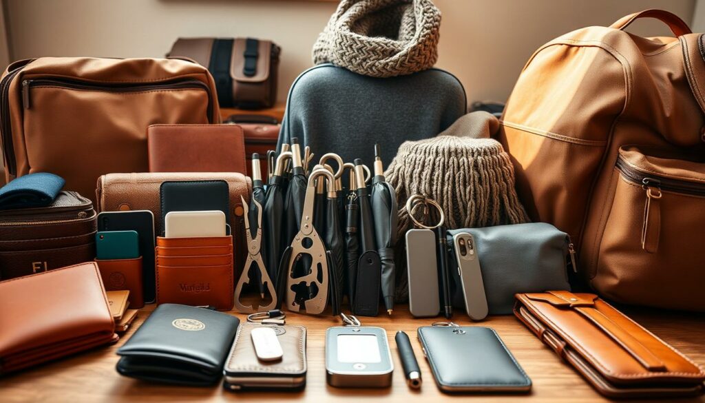 A neatly organized travel accessories display for a January trip to Porto. In the foreground, high-quality leather wallets, passport holders, and luggage tags in warm tan and chestnut tones. In the middle ground, a set of sleek stainless steel multi-tools, compact umbrellas, and rain ponchos in subdued shades of gray. In the background, a soft-sided carry-on suitcase, a cozy knit scarf, and a durable water-resistant backpack in earthy hues. Warm, natural lighting casts a gentle glow, creating a welcoming, practical atmosphere. Captured with a wide-angle lens to showcase the curated collection of travel essentials tailored for Porto's climate in January.