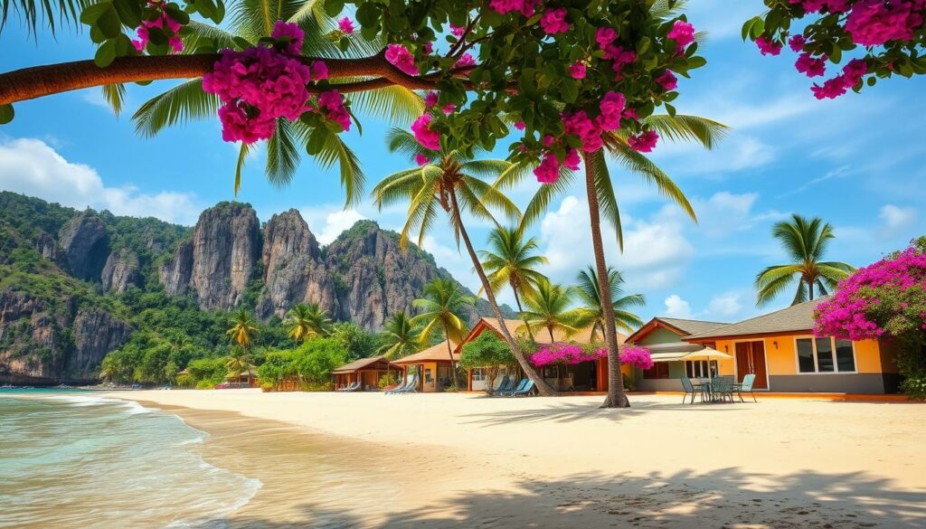 A peaceful seaside paradise, Nathon Beach on the idyllic island of Koh Samui. Gentle waves caress the soft, golden sand, framed by verdant palm trees swaying in the warm island breeze. In the distance, rugged limestone cliffs rise majestically, their weathered faces reflecting the day's shifting light. Vibrant bougainvillea cascades over quaint beachside bungalows, their thatched roofs and pastel facades exuding a charming, rustic ambiance. Locals and tourists alike lounge under the dappled shade, sipping chilled coconut water and savoring the tranquil, unhurried atmosphere that permeates this hidden gem of a destination.
