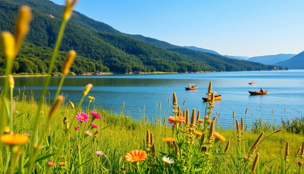 A picturesque Hungarian summer landscape, bathed in warm golden light. In the foreground, a lush green meadow dotted with vibrant wildflowers sways gently in the breeze. Beyond, a serene lake reflects the azure sky, its calm waters dotted with traditional wooden boats. In the distance, rolling hills covered in verdant forests rise up, their silhouettes hazy under the soft haze of the afternoon sun. The scene exudes a sense of tranquility and natural beauty, capturing the essence of the Hungarian high season.