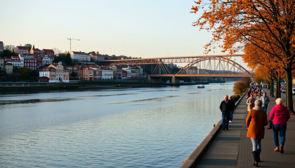 A picturesque autumn scene in Porto, Portugal. In the foreground, a group of people leisurely strolling along the Douro River, enjoying the mild, comfortable temperatures. Middle ground features colorful buildings lining the riverbanks, their façades reflecting in the calm waters. In the background, the iconic Luís I Bridge spans the river, its wrought-iron structure bathed in the soft, golden light of an October sunset. A sense of tranquility and relaxation permeates the atmosphere, inviting the viewer to immerse themselves in the serene ambiance of this historic city during the pleasant autumn season.