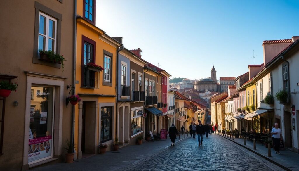 A picturesque cobblestone street in the historic city of Porto, Portugal, in early September. The warm, golden sunlight filters through the buildings, casting a cozy glow over the charming storefronts and cafes lining the sidewalks. Vibrant potted plants and colorful window boxes add pops of life, while locals and tourists stroll leisurely, soaking in the quintessential atmosphere of this beloved coastal city. In the distance, the iconic tiled roofs and bell towers of Porto's old town create a striking skyline against a clear, azure sky. This serene, inviting scene captures the essence of visiting Porto in the tranquil, temperate days of early autumn. A picturesque cobblestone street in the historic city of Porto, Portugal, in early September. The warm, golden sunlight filters through the buildings, casting a cozy glow over the charming storefronts and cafes lining the sidewalks. Vibrant potted plants and colorful window boxes add pops of life, while locals and tourists stroll leisurely, soaking in the quintessential atmosphere of this beloved coastal city. In the distance, the iconic tiled roofs and bell towers of Porto's old town create a striking skyline against a clear, azure sky. This serene, inviting scene captures the essence of visiting Porto in the tranquil, temperate days of early autumn.