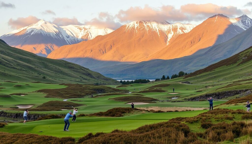 A picturesque golf course nestled in the verdant hills of Fort William, Scotland. The lush fairways wind through the rugged landscape, dotted with bunkers and water hazards. In the foreground, a group of golfers tee off, their swings captured in a dynamic freeze-frame. The backdrop features the majestic peaks of the Highlands, their snow-capped summits bathed in warm, golden light. The scene exudes a sense of tranquility and outdoor adventure, inviting the viewer to explore the abundant sports and recreational opportunities that Fort William has to offer.