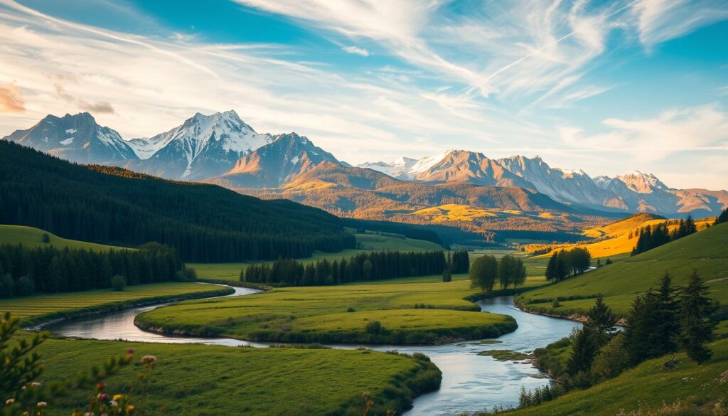 A picturesque landscape of France's natural wonders, showcasing the country's diverse and breathtaking scenery. In the foreground, a meandering river cuts through lush, verdant meadows, with wildflowers dotting the banks. In the middle ground, rolling hills covered in dense, verdant forests stretch out towards the horizon. In the background, towering snow-capped peaks rise majestically, their rugged grandeur silhouetted against a vibrant, azure sky. Warm, golden sunlight filters through wispy clouds, casting a soft, ethereal glow over the entire scene. The overall atmosphere evokes a sense of tranquility, wonder, and the harmony between nature and the human experience.