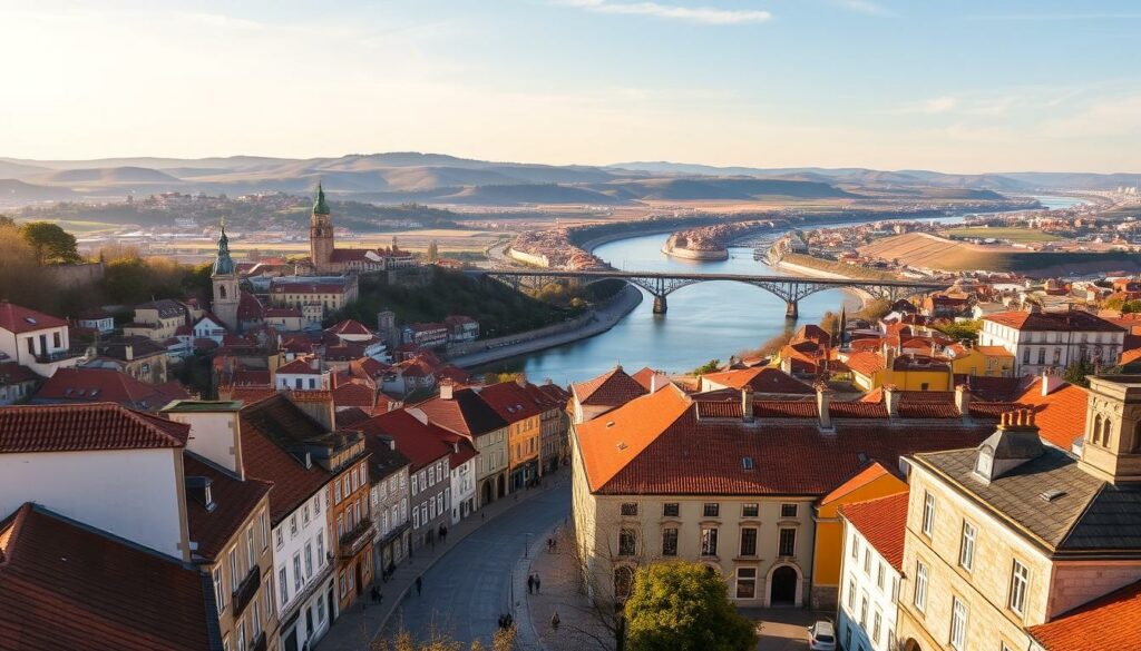 A picturesque landscape showcasing the iconic landmarks of Portugal. In the foreground, the historic buildings and charming cobblestone streets of Porto, bathed in the warm glow of the autumn sun. In the middle ground, the majestic Douro River winds its way through the city, with the iconic Dom Luis I Bridge spanning gracefully across. In the background, the rolling hills and vineyards of the Douro Valley stretch out, hinting at the natural beauty that awaits beyond the city limits. The scene is imbued with a sense of timeless elegance and cultural richness, capturing the essence of Portugal's enduring appeal as a tourist destination, even in the shoulder season of November.