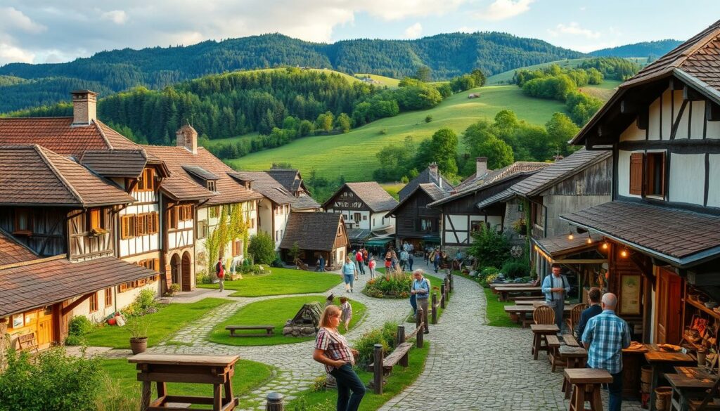 A picturesque open-air museum nestled in the Swiss countryside, showcasing traditional architecture, crafts, and rural life. In the foreground, artisans demonstrate time-honored techniques, their hands skillfully shaping wood, weaving textiles, or forging metal under the warm glow of natural lighting. Meandering pathways lead visitors through quaint historic buildings, each with its own unique charm and character, inviting them to step back in time and immerse themselves in the rich heritage of Switzerland. In the background, rolling hills and lush greenery provide a serene, bucolic backdrop, accentuating the tranquil and authentic atmosphere of this living museum.