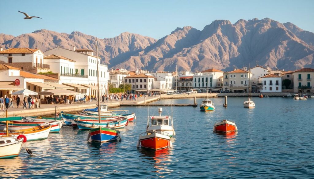 A picturesque scene of the Venetian harbor in Chania, Crete, Greece. In the foreground, colorful fishing boats gently sway in the calm waters, their hulls reflecting the warm Mediterranean sunlight. Along the quayside, traditional Cretan architecture with whitewashed walls and terracotta roofs lines the promenade, creating a charming and authentic atmosphere. In the middle ground, people stroll leisurely, admiring the historic buildings and enjoying the lively atmosphere. In the background, the rugged mountains of Crete rise up, providing a stunning natural backdrop to this idyllic coastal town. The overall mood is one of tranquility, warmth, and the allure of a timeless Mediterranean lifestyle, perfect for a family-friendly holiday.