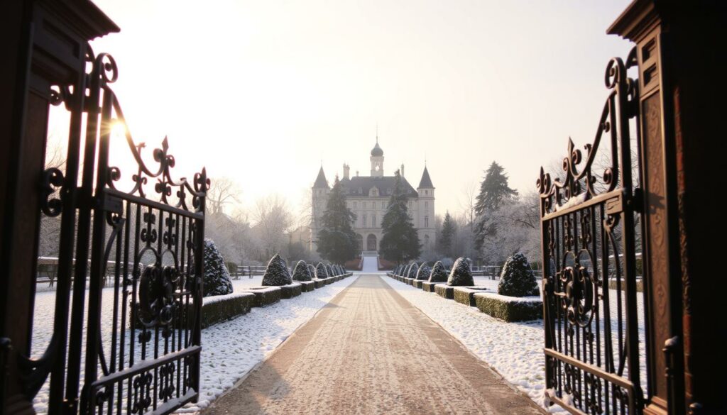 A picturesque winter landscape at the Schloßpark in Tüßling, Bavaria. In the foreground, a wrought-iron gate with ornate detailing stands open, inviting visitors to enter. The middle ground features a neatly groomed pathway winding through a dusting of fresh snow, flanked by tall, snow-capped trees. In the background, the stately silhouette of the Tüßling Castle rises majestically, its turrets and spires outlined against a soft, overcast sky. The scene is bathed in a warm, golden glow, creating a cozy and welcoming atmosphere. The overall composition evokes a sense of tranquility and wonder, perfectly capturing the essence of the Schloßpark in the winter season.