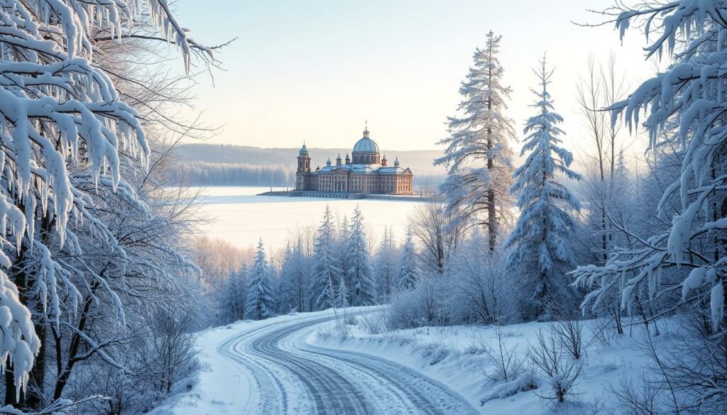 A picturesque winter landscape with the majestic Schloßpark Tüßling in Bavaria's charming countryside. In the foreground, a winding path leads visitors through a pristine, snow-covered forest, the trees adorned with glistening icicles. In the middle ground, the historic Schloßpark estate comes into view, its elegant architecture and domes framed by a dusting of fresh snow. The background is dominated by a serene, frozen lake, its surface reflecting the warm glow of the winter sun casting a soft, diffused light across the scene. The overall atmosphere evokes a sense of tranquility and wonder, inviting the viewer to explore this enchanting Winterwunderland.