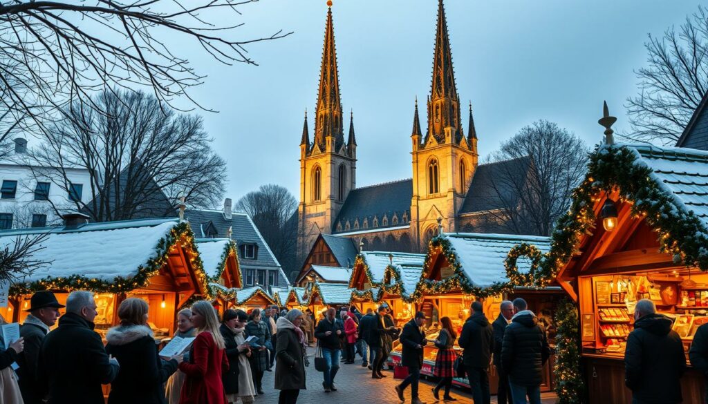 A quaint Weihnachtssingen (Christmas carol singing) scene in an idyllic German town. In the foreground, a group of carolers in traditional attire, their voices harmoniously filling the crisp winter air. In the middle ground, a bustling Weihnachtsmarkt (Christmas market) with rows of wooden stalls adorned with twinkling lights and garlands. Shoppers browse the selection of handcrafted ornaments, steaming mugs of Glühwein (mulled wine), and freshly baked Lebkuchen (gingerbread). In the background, the towering spires of a historic church stand tall, casting a warm glow over the festive atmosphere. A soft, golden light illuminates the scene, creating a cozy and inviting ambiance for all to enjoy.