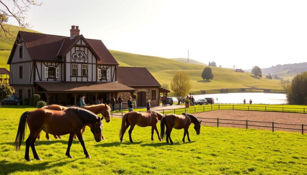 A quaint country manor nestled amidst rolling green hills, the Reiterhof Magdeburg stands as a picturesque equestrian retreat. Sunlight filters through the ornate windows, casting a warm glow across the expertly manicured grounds. In the foreground, well-groomed horses graze peacefully, their manes gently swaying in the light breeze. The stable block, constructed of weathered wood and stone, sits adjacent to a spacious riding arena where riders practice their skills. In the distance, a tranquil lake reflects the surrounding landscape, its calm waters offering a serene backdrop to this idyllic equestrian haven. The scene exudes a sense of rural charm and relaxation, perfectly capturing the essence of a picturesque "Reiterhof" experience.