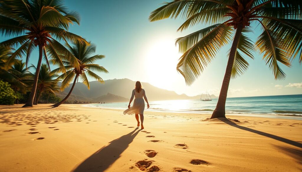 A romantic and picturesque honeymoon scene, captured with a wide-angle lens. In the foreground, a couple strolling hand-in-hand on a secluded beach, their feet leaving gentle imprints on the soft, golden sand. The middle ground features swaying palm trees, their fronds rustling in a gentle breeze, and a tranquil, azure ocean with gentle waves lapping at the shore. In the background, a stunning, sun-dappled mountain range rises, its peaks bathed in a warm, golden glow. The lighting is soft and diffused, creating a dreamy, ethereal atmosphere. The overall mood is one of blissful serenity and the promise of a new chapter in the couple's lives.