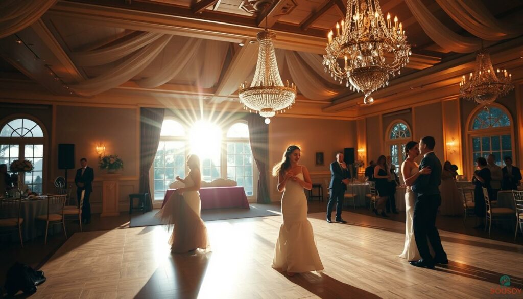 A romantic wedding reception venue, dimly lit with a warm, golden glow. In the foreground, a dance floor is illuminated by a sparkling disco ball, casting shimmering lights across the couples swaying to a slow, melodic tune. In the middle ground, elegant chandeliers hang from the high ceiling, their crystals refracting the light into a mesmerizing display. The background features large windows, allowing the soft moonlight to filter in and create a dreamy, ethereal ambiance. The overall scene evokes a sense of enchantment, with the lighting and atmosphere accentuating the special, intimate moments of the Hochzeit celebration.