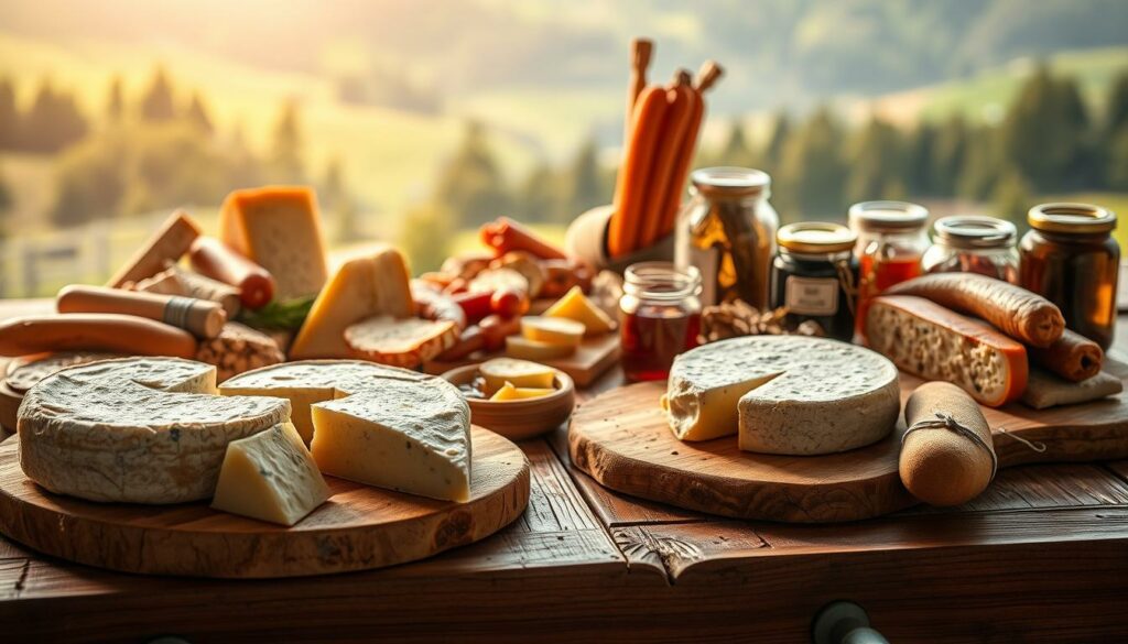 A rustic wooden table laden with a selection of traditional Allgäu cheeses, sausages, and local delicacies. Warm, diffused lighting illuminates the textured surfaces, casting soft shadows. In the foreground, various regional cheeses sit atop a wooden board, their rinds showcasing the distinct characteristics of the Allgäu region. Alongside, an array of artisanal sausages, cured meats, and preserves in glass jars create a visually appealing display. In the middle ground, a few slices of freshly baked bread and a small ceramic dish of honey or jam add to the rustic, homemade atmosphere. The background features a blurred, natural landscape, hinting at the serene, pastoral setting of the Allgäu. The overall composition conveys a sense of authentic, regional culinary delights, inviting the viewer to indulge in the flavors and traditions of this picturesque Bavarian region.