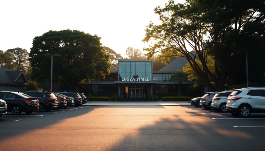 A scenic entrance to the Bali Therme spa, with a spacious parking lot in the foreground. The lot is lined with well-marked spaces, accommodating a variety of vehicles. In the middle ground, the modern, glass-fronted facade of the spa building rises, bathed in warm, golden sunlight. The background features lush, verdant trees and landscaping, creating a serene, spa-like ambiance. The composition is balanced, with clear sightlines leading the viewer towards the inviting entry. A mix of natural and artificial lighting casts soft shadows, enhancing the depth and texture of the scene. An overall welcoming and accessible atmosphere, reflecting the convenience of arrival and parking for visitors to the Bali Therme.