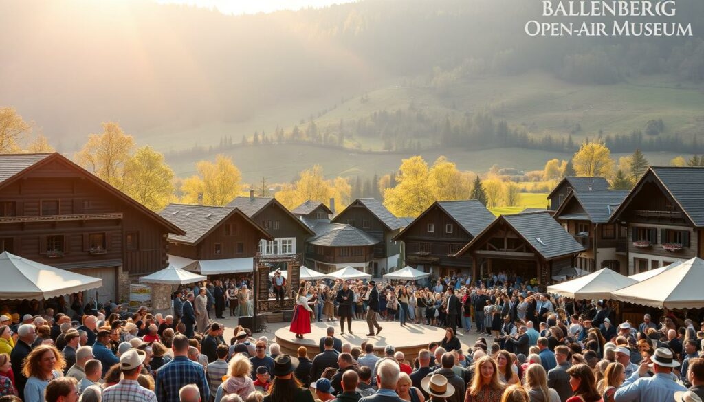 A scenic outdoor event at the Ballenberg Open-Air Museum in Switzerland, showcasing the region's traditional architecture and cultural heritage. In the foreground, a lively crowd gathers around a central stage, where performers in period costumes entertain the audience. The middle ground features a collection of rustic wooden buildings, each with its own unique design and character, set against a backdrop of rolling hills and lush greenery. Warm, golden sunlight filters through the trees, creating a picturesque and inviting atmosphere. The overall scene captures the spirit of the museum's seasonal events, where visitors can immerse themselves in the rich history and traditions of the Swiss countryside.