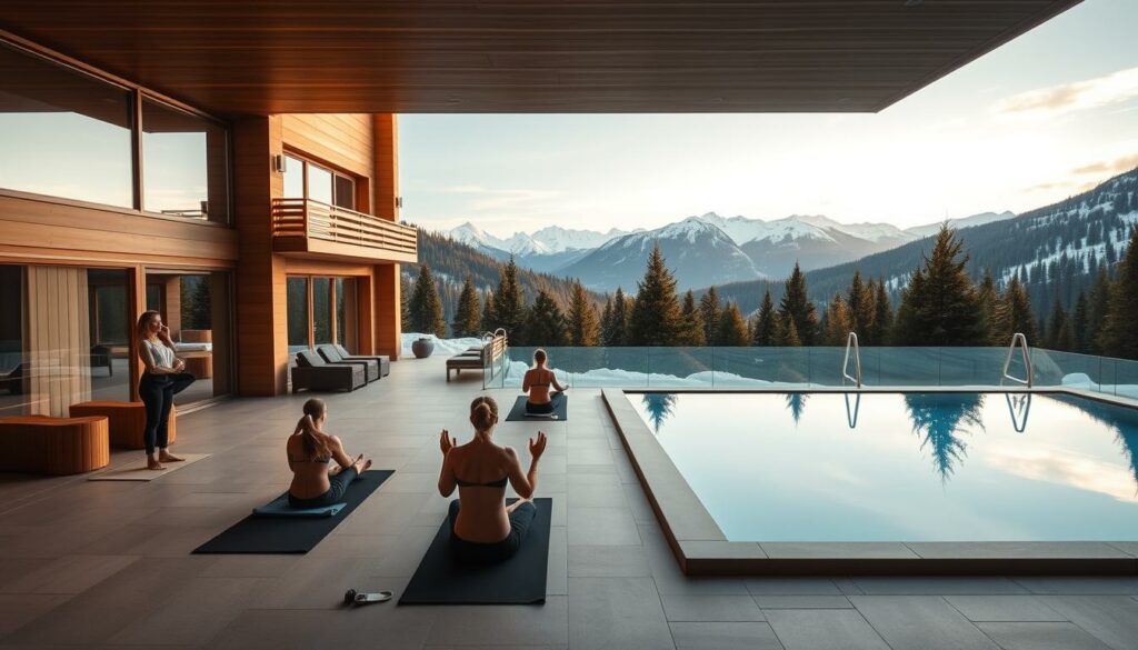 A serene Bavarian wellness hotel nestled in the picturesque Alps, with a modern, minimalist exterior highlighted by warm wooden accents. In the foreground, guests engage in a morning yoga session on an expansive terrace, basking in the soft, golden glow of the rising sun. The middle ground showcases an indoor heated pool surrounded by floor-to-ceiling windows, offering panoramic views of the snow-capped mountains in the distance. The background is dotted with lush, verdant pine forests, creating a harmonious blend of natural tranquility and rejuvenating wellness. The overall atmosphere exudes a sense of peaceful relaxation and balance between mind, body, and spirit.