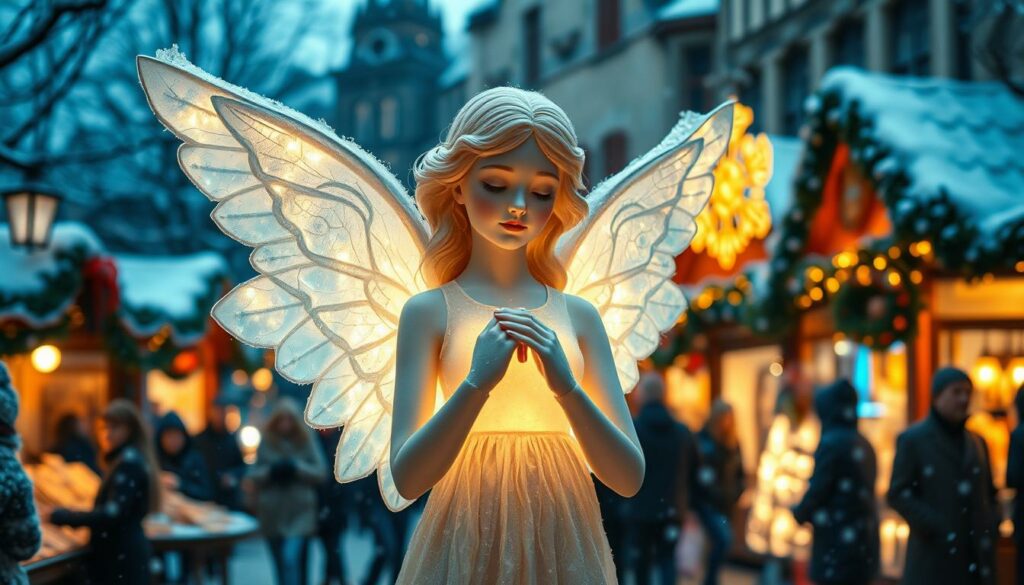 A serene angelic figure, with delicate features and a serene expression, stands gracefully amidst a winter wonderland. Luminous wings, reminiscent of freshly fallen snow, gently unfurl behind the ethereal being. Soft, diffused lighting bathes the scene, creating a sense of warmth and tranquility. In the background, a charming European marketplace comes alive with festive decorations, bustling crowds, and the aroma of mulled wine and gingerbread. This heavenly presence embodies the magic and wonder of the Augsburg Christkindlesmarkt, a true highlight of the yuletide season.
