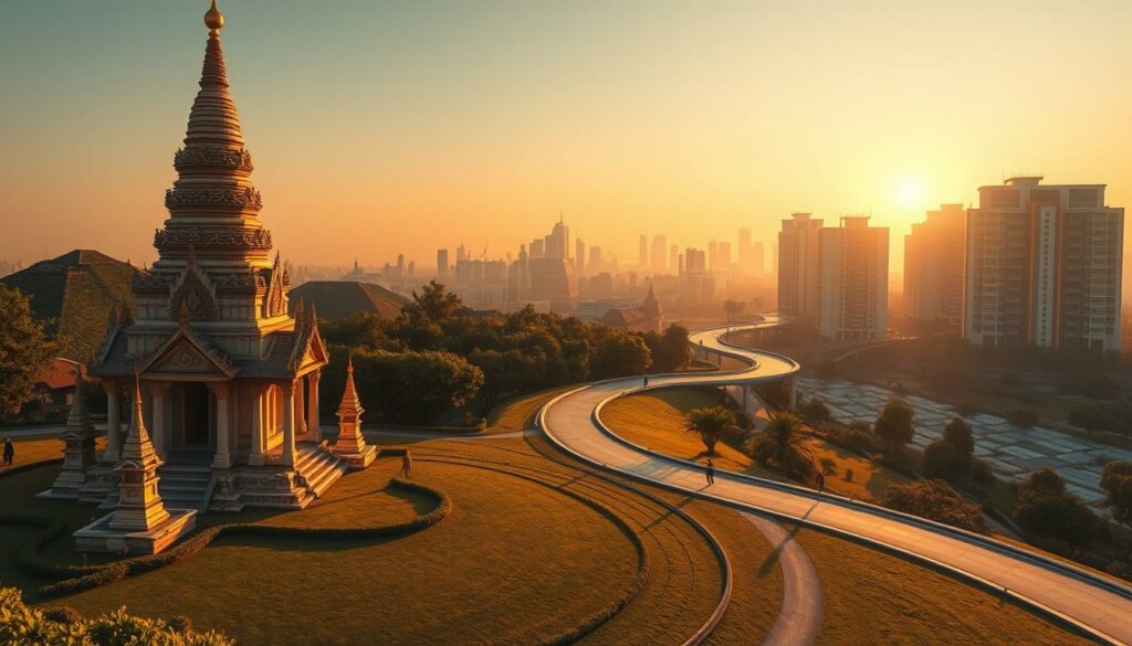 A serene digital landscape depicting the avoidance of errors in Thailand's new travel registration process. In the foreground, a Thai temple stands tall, its intricate details rendered in crisp, high-resolution clarity. The middle ground features a winding path leading towards a modern city skyline, symbolizing the seamless integration of traditional and digital elements. The background is bathed in a warm, golden glow, evoking a sense of tranquility and efficiency. The overall composition emphasizes the importance of avoiding pitfalls and ensuring a smooth, hassle-free travel experience. Captured with a wide-angle lens, the scene conveys a panoramic, immersive perspective, inviting the viewer to explore the nuances of Thailand's digital transformation.
