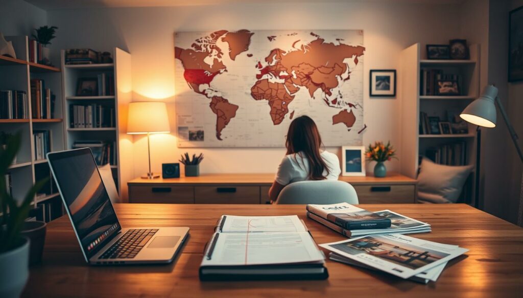 A serene honeymoon planning scene set in a cozy home office. In the foreground, a wooden desk with a laptop, planner, and travel brochures. Soft, warm lighting illuminates the scene, creating a peaceful atmosphere. In the middle ground, a large world map on the wall, pinned with destination markers, hinting at the couple's potential travel plans. The background features bookshelves and framed photos, reflecting the couple's personal style and interests. The overall mood is one of thoughtful consideration, as the couple embarks on the exciting journey of planning their dream honeymoon adventure.