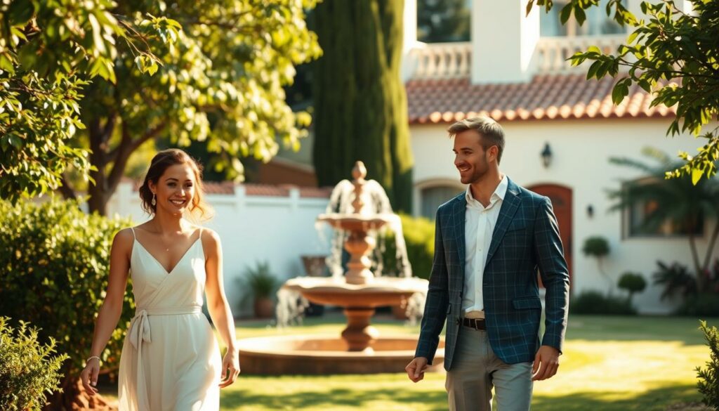 A serene honeymoon scene unfolds in a sun-dappled garden. In the foreground, a newlywed couple strolls hand-in-hand, their faces radiant with joy. Soft, natural lighting filters through the lush foliage, casting a warm, romantic glow. In the middle ground, an ornate water fountain stands as a elegant focal point, its gentle splashing providing a soothing ambiance. The background reveals a quaint, picturesque villa, its white-washed walls and terracotta roof tiles evocative of a charming European countryside. The overall atmosphere is one of tranquility, intimacy, and the blissful celebration of a new chapter in the couple's life, made possible by the generous gifts of their loved ones.