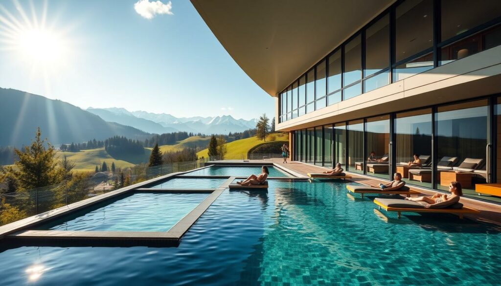 A serene thermal spa nestled in the rolling hills of Oberbayern, Bavaria. The Wellness Therme's striking modern architecture blends seamlessly with the lush, verdant landscape. Sunlight filters through floor-to-ceiling windows, casting a warm, soothing glow over the tranquil indoor pools, steam rooms, and sauna areas. In the distance, the snow-capped peaks of the Bavarian Alps form a majestic backdrop. Guests lounge on comfortable chaise lounges, sipping hot tea and indulging in rejuvenating treatments, their worries melting away in this oasis of relaxation. The overall atmosphere is one of quiet contemplation and restorative well-being, a true sanctuary for the mind, body, and spirit.