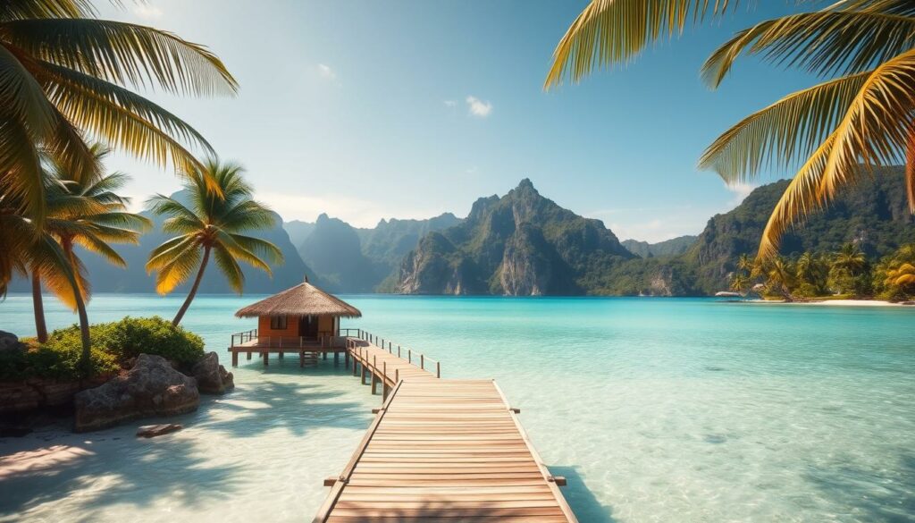 A serene tropical island paradise, with swaying palm trees, pristine white sand beaches, and crystal-clear turquoise waters. In the foreground, a wooden pier extends out into the calm lagoon, inviting visitors to explore the island's natural wonders. In the middle ground, a small beach bungalow with a thatched roof blends seamlessly into the lush greenery, exuding a sense of tranquility and relaxation. The background features a dramatic, mountainous landscape, with rugged cliffs and verdant forests. Soft, warm lighting bathes the scene, creating a golden, magical atmosphere. The image conveys the perfect escape, where one can truly unwind and immerse themselves in the beauty of island life.