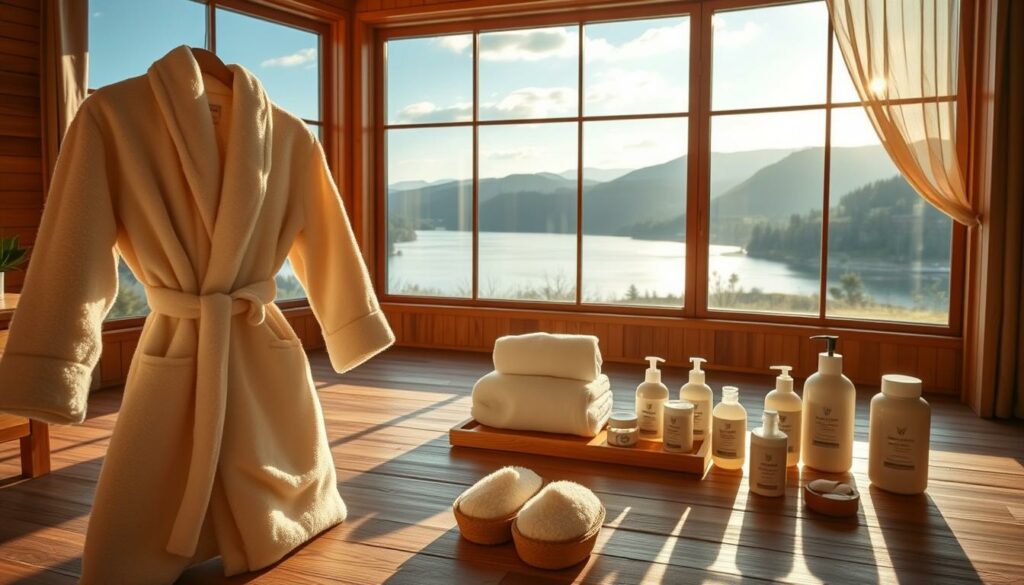A serene wellness resort nestled in the heart of the Bavarian countryside. In the foreground, a plush, oversized bathrobe and slippers beckon, hinting at the luxurious pampering to come. The middle ground showcases an array of self-care essentials - aromatic bath salts, a fluffy towel, and a selection of soothing lotions. In the background, floor-to-ceiling windows offer breathtaking views of rolling hills and a tranquil lake, setting the stage for a rejuvenating wellness retreat. Warm, natural lighting filters through, creating a calming, spa-like ambiance. The overall scene evokes a sense of relaxation, indulgence, and a reconnection with nature - the perfect ingredients for the ultimate Wellnessurlaub.