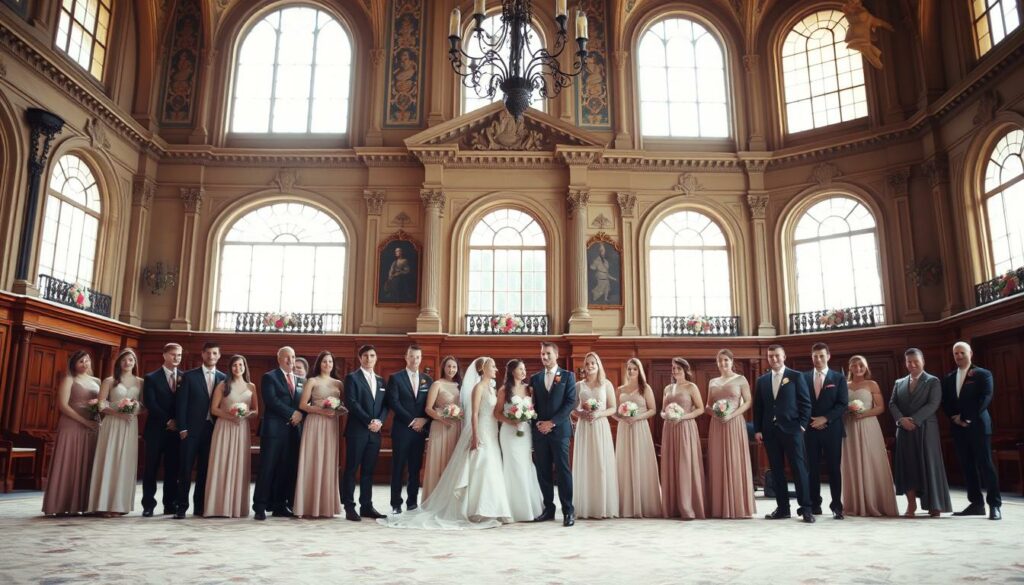 A sophisticated wedding scene with the wedding party in the foreground. In the middle, the bridesmaids and groomsmen stand in a neat line, elegantly dressed in coordinated attire. The bride and groom are visible at the center, surrounded by their closest friends and family members. The background showcases a grand, historic venue with ornate architectural details, high ceilings, and large windows that flood the scene with soft, natural lighting. An air of joy, anticipation, and celebration permeates the image, reflecting the significance of this special occasion. Capture the scene with a slightly elevated camera angle to convey a sense of grandeur and importance.