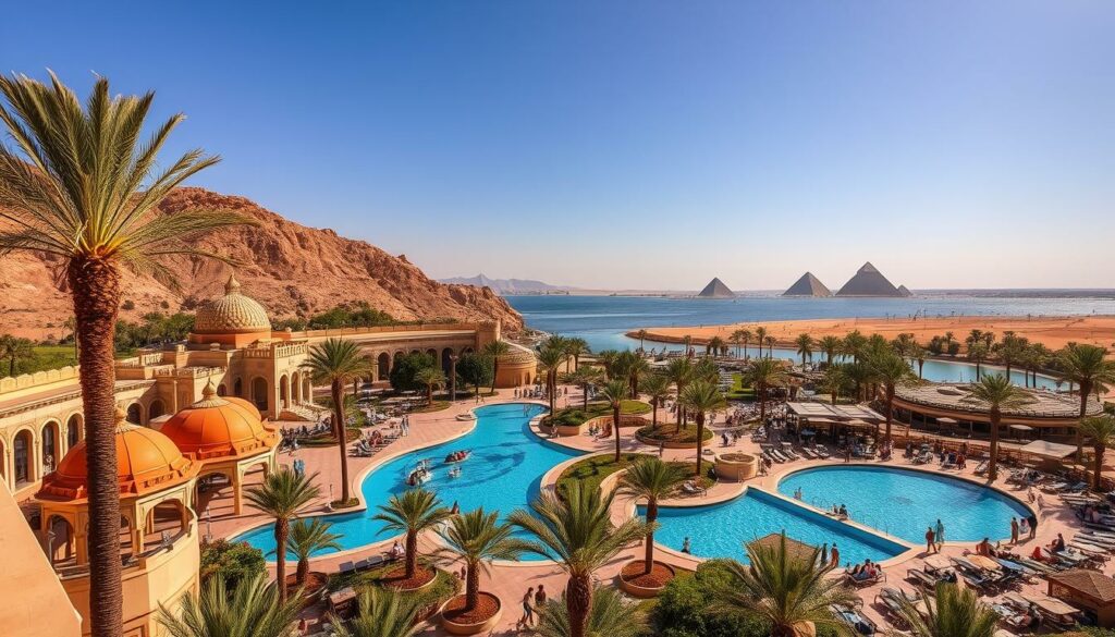 A sprawling resort complex nestled amidst lush palm groves, surrounded by azure waters of the Red Sea. Ornate, domed buildings in ochre and white hues reflect the region's architectural heritage. Guests lounge by the infinity pool, sipping chilled beverages as the warm sun casts golden rays across the scene. In the distance, a bustling marketplace showcases the vibrant local culture, with vendors hawking their wares. Farther out, rugged desert landscapes give way to the iconic silhouettes of ancient pyramids on the horizon. An idyllic, luxurious oasis that encapsulates the diversity of accommodation options available in Egypt.