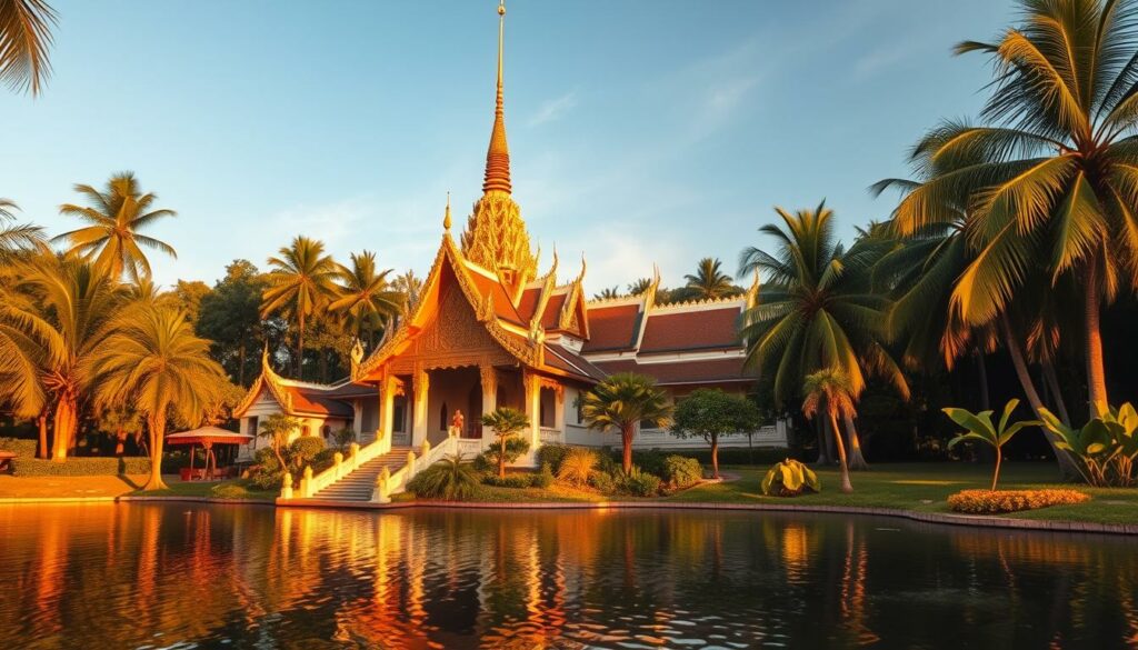 A stunning Koh Samui temple nestled amidst lush tropical foliage, its intricate golden spires and ornate roofs bathed in warm golden light. The temple's elegantly curved roofs and detailed carvings create a serene and majestic atmosphere. In the foreground, a serene pond reflects the temple's ornate architecture, while in the background, swaying palm trees sway gently in the breeze. The image is captured with a wide-angle lens to showcase the temple's impressive scale and grandeur, with the overall scene conveying a sense of timeless cultural heritage and tranquility.
