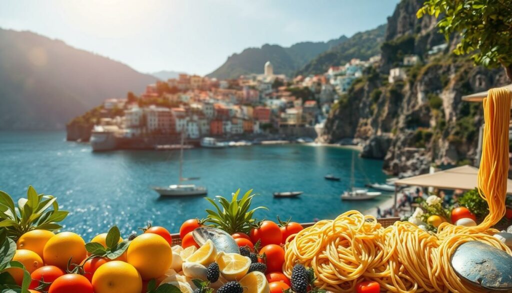 A sun-drenched Amalfi Coast vista, capturing the region's renowned culinary delights. In the foreground, a vibrant display of fresh seafood, local produce, and artisanal Italian delicacies. Pristine lemons, ripe tomatoes, and a tangle of spaghetti, inviting the viewer to savor the flavors of this picturesque coastal town. In the middle ground, whitewashed buildings cascade down the hillside, their colorful facades reflecting in the azure waters of the Tyrrhenian Sea. Towering cliffs frame the scene, casting dramatic shadows and creating a sense of timeless Mediterranean charm. Warm, golden light filters through the scene, infusing the image with a mouthwatering ambiance that captures the essence of the Amalfi Coast's culinary highlights.