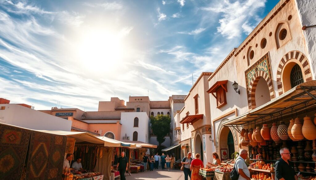 A sun-drenched Moroccan marketplace, teeming with vibrant colors and bustling activity. In the foreground, stalls offer an array of handcrafted goods - woven rugs, ornate pottery, and fragrant spices. Shopkeepers beckon passersby, their voices carrying on the warm summer breeze. In the middle ground, narrow alleyways wind between whitewashed buildings, their facades adorned with intricate tilework and ornamental arches. Overhead, a brilliant blue sky is dotted with wispy clouds, casting a golden glow over the scene. The atmosphere is one of warmth, liveliness, and the rich cultural heritage of this ancient North African nation.