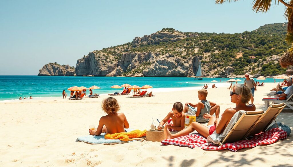 A sun-drenched Turkish coastline, the Turquoise Riviera, stretches before a family relaxing on a pristine sandy beach. In the foreground, a couple reclines on plush beach towels, sipping refreshing drinks as their children build sandcastles nearby. In the middle ground, vibrant umbrellas dot the shore, providing shade for vacationers enjoying the warm Mediterranean air. In the distance, turquoise waters lap against the shore, framed by a backdrop of rugged, sun-kissed cliffs and lush, verdant foliage. Warm, golden lighting bathes the scene, creating a serene, idyllic atmosphere that embodies the quintessential all-inclusive holiday experience.
