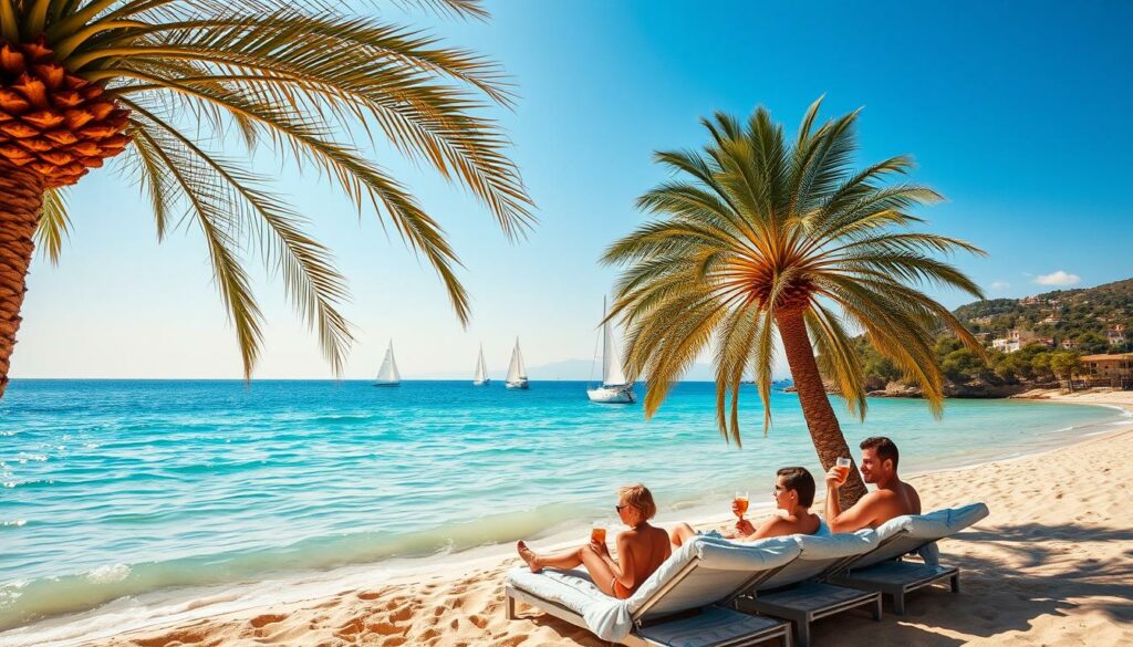 A sun-drenched beach on the Mallorcan shore, palm trees swaying gently in the warm Mediterranean breeze. In the foreground, a family relaxes on plush beach towels, sipping refreshing drinks as they take in the stunning turquoise waters lapping at the golden sands. Farther out, sailboats and yachts dot the horizon, their white sails billowing in the light wind. The scene is bathed in a soft, golden light, creating a serene and inviting atmosphere that captures the essence of a perfect Mallorca vacation. A picturesque and idyllic setting that embodies the island's status as a beloved German holiday destination.