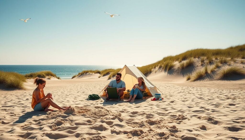 A sun-drenched beach on the idyllic island of Juist, where a family of four enjoys a peaceful camping adventure. In the foreground, a pair of children build sandcastles, their laughter carried on the gentle breeze. Nearby, a father and mother relax in canvas chairs, sipping from mugs as they take in the serene, windswept landscape. The middle ground features a cozy tent, its fabric billowing softly, surrounded by a scattering of camping gear. In the background, rolling dunes dotted with marram grass lead the eye towards the shimmering blue waters of the North Sea, where a lone seagull soars overhead. The scene is bathed in soft, golden light, conveying a sense of tranquility and the simple pleasures of family time spent in the great outdoors.