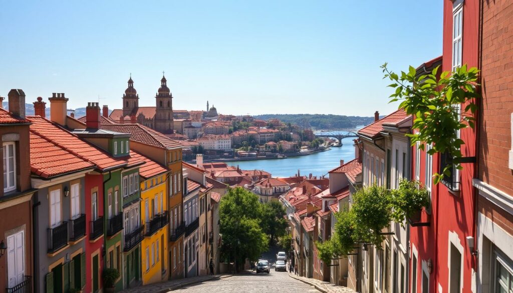 A sun-drenched cityscape of Porto, Portugal in the early summer. In the foreground, a picturesque cobblestone street lined with colorful buildings, their facades bathed in warm, golden light. In the middle ground, the iconic red-tiled roofs and bell towers of the historic city center, set against a clear, azure sky. In the background, the gentle curves of the Douro River, its tranquil waters reflecting the vibrant hues of the surroundings. A gentle breeze rustles the lush, verdant foliage, creating a serene and inviting atmosphere. The scene conveys the perfect balance of cultural richness, natural beauty, and ideal weather that makes June the ideal time to visit this charming European destination. A sun-drenched cityscape of Porto, Portugal in the early summer. In the foreground, a picturesque cobblestone street lined with colorful buildings, their facades bathed in warm, golden light. In the middle ground, the iconic red-tiled roofs and bell towers of the historic city center, set against a clear, azure sky. In the background, the gentle curves of the Douro River, its tranquil waters reflecting the vibrant hues of the surroundings. A gentle breeze rustles the lush, verdant foliage, creating a serene and inviting atmosphere. The scene conveys the perfect balance of cultural richness, natural beauty, and ideal weather that makes June the ideal time to visit this charming European destination.