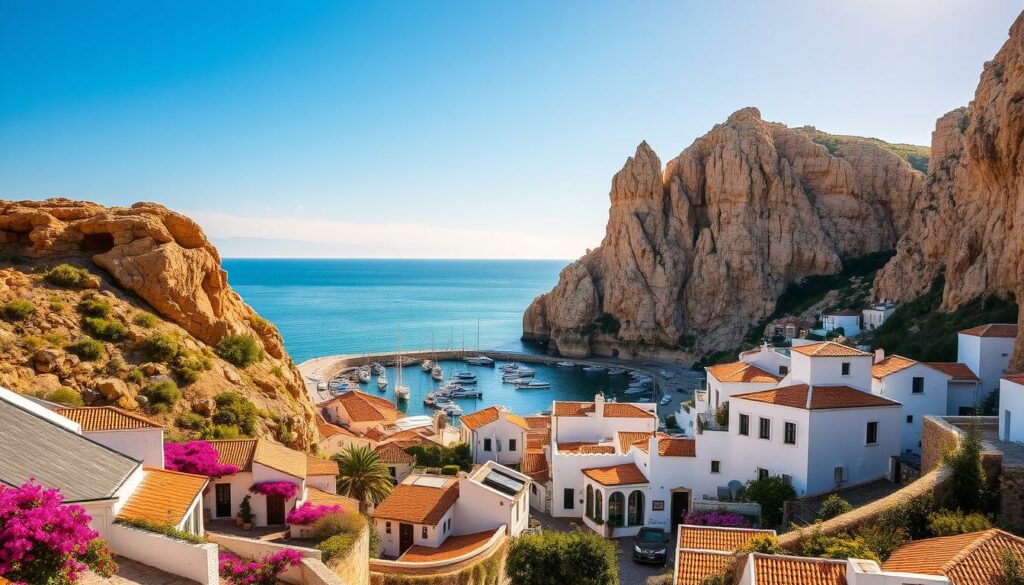 A sun-drenched coastal landscape in the Algarve region of southern Portugal. In the foreground, a picturesque fishing village nestled among rugged cliffs and golden sand beaches. Cobblestone streets wind through whitewashed buildings with terracotta roofs. Vibrant bougainvillea cascades down the walls, adding pops of color. In the middle ground, a tranquil harbor where traditional fishing boats bob gently in the calm waters. Towering limestone rock formations rise dramatically in the background, their intricate patterns cast in warm, directional lighting. A cloudless azure sky stretches overhead, with just a hint of a sea breeze ruffling the surface of the ocean. An idyllic scene that captures the essence of Portugal's southern coast. A sun-drenched coastal landscape in the Algarve region of southern Portugal. In the foreground, a picturesque fishing village nestled among rugged cliffs and golden sand beaches. Cobblestone streets wind through whitewashed buildings with terracotta roofs. Vibrant bougainvillea cascades down the walls, adding pops of color. In the middle ground, a tranquil harbor where traditional fishing boats bob gently in the calm waters. Towering limestone rock formations rise dramatically in the background, their intricate patterns cast in warm, directional lighting. A cloudless azure sky stretches overhead, with just a hint of a sea breeze ruffling the surface of the ocean. An idyllic scene that captures the essence of Portugal's southern coast.