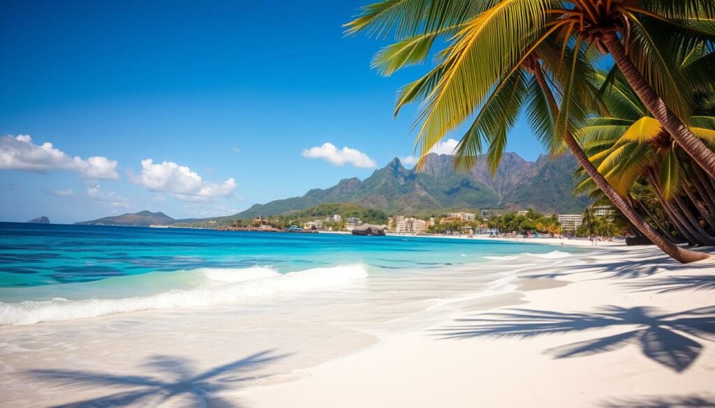 A sun-drenched tropical beach on the idyllic island of La Reunion, nestled in the azure waters of the Indian Ocean. In the foreground, fine white sand caressed by gentle waves, with swaying palm trees casting playful shadows. Farther out, vibrant coral reefs teeming with marine life shimmer beneath the surface. The middle ground features a picturesque coastal town, its pastel-colored buildings and charming streets inviting exploration. In the distance, rugged volcanic peaks rise majestically, their lush rainforest-covered slopes a testament to the island's untamed natural beauty. The scene is bathed in warm, golden light, creating a serene and inviting atmosphere that perfectly captures the essence of a dream vacation in this hidden gem of the Indian Ocean.