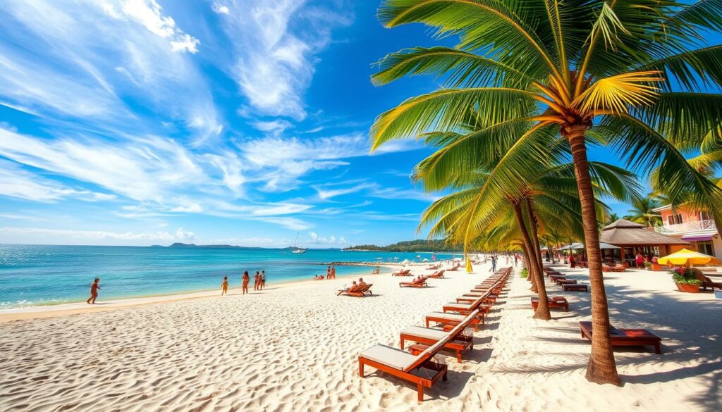 A sun-drenched tropical paradise, Chaweng Beach on the eastern coast of Koh Samui shimmers with azure waters and powdery white sand. In the foreground, swaying palm trees cast dappled shadows across the tranquil shore, while in the middle ground, sun-seekers relax on plush beach loungers, sipping exotic cocktails. Farther back, a row of vibrant beachside restaurants and resorts line the coast, their thatched roofs and pastel facades reflected in the mirrored surface of the calm sea. Overhead, a brilliant azure sky is dotted with wispy clouds, evoking a sense of serenity and relaxation. The scene is captured through a wide-angle lens, showcasing the breathtaking scale and beauty of this tropical oasis.