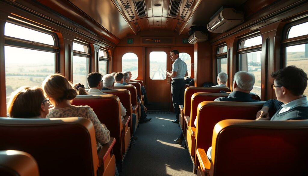 A sunlit, cozy train carriage interior, with plush seats and wooden paneling. Passengers comfortably seated, gazing out the large, clean windows at the passing countryside. Luggage neatly stowed overhead, and a conductor making their rounds, offering helpful advice. Soft, warm lighting illuminates the scene, creating a sense of relaxation and anticipation for the journey ahead. The composition is balanced, with the foreground, middle ground, and background elements working in harmony to convey the practical, yet enjoyable experience of rail travel.