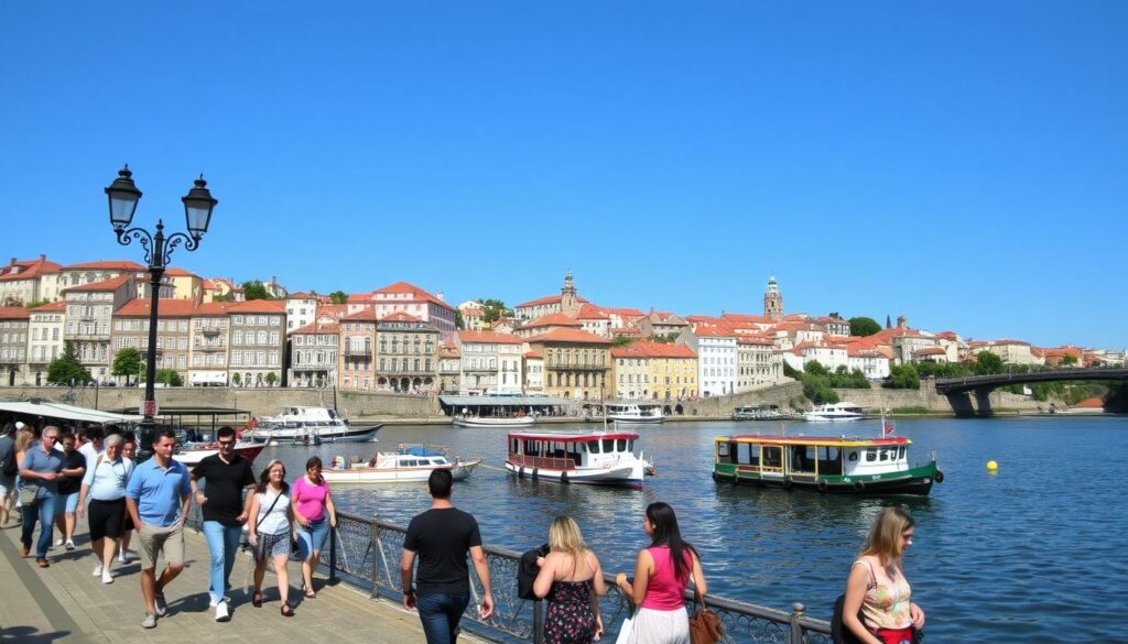 A sunny day in the vibrant city of Porto, Portugal, in the month of May. In the foreground, a group of locals and tourists stroll along the picturesque riverfront, taking in the sights and sounds of the charming city. Middle ground features colorful, traditional boats drifting on the Douro River, their reflections mirrored in the calm waters. In the background, the iconic buildings of Porto's historic center, with their distinctive red-tiled roofs, bask in the warm, golden light. The atmosphere is lively and inviting, capturing the essence of the city's vibrant culture and the allure of its mild, pleasant weather during the springtime.