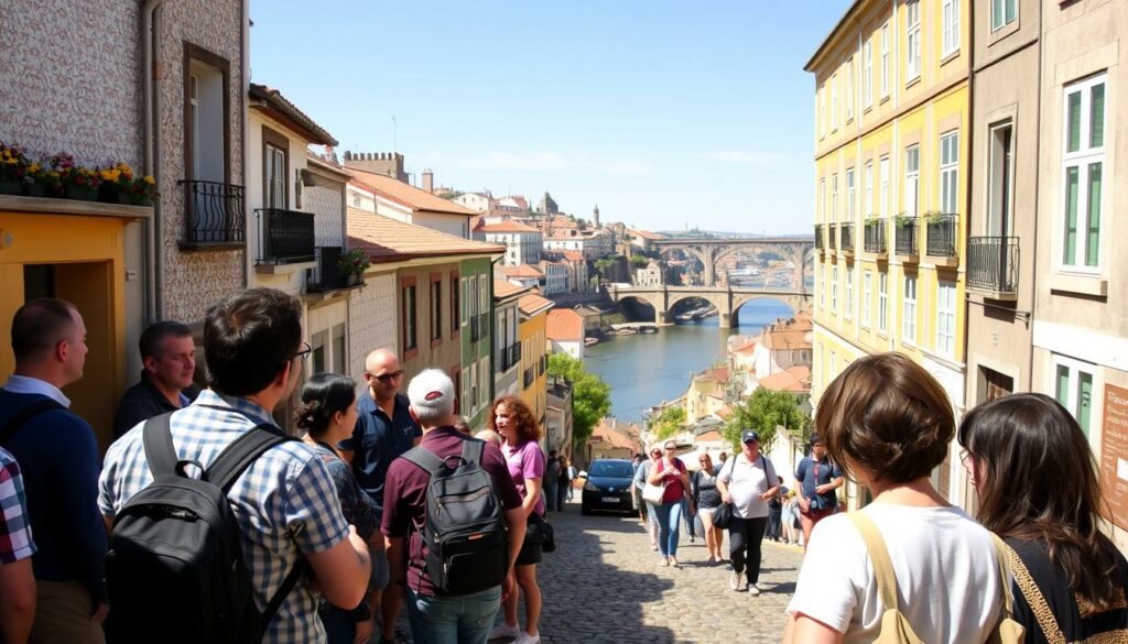 A sunny spring day in the charming streets of Porto, Portugal. In the foreground, a group of tourists gather around a local guide, listening intently as they plan their day's activities. The middle ground features quaint cobblestone lanes lined with colorful, tiled buildings, inviting exploration. In the background, the iconic Douro River winds its way through the city, with the iconic Dom Luis I Bridge visible in the distance. The lighting is warm and natural, capturing the vibrant, lively atmosphere of this historic city. A wide-angle lens is used to showcase the breadth of the scene, allowing the viewer to fully immerse themselves in the practical travel tips for exploring Porto in April. A sunny spring day in the charming streets of Porto, Portugal. In the foreground, a group of tourists gather around a local guide, listening intently as they plan their day's activities. The middle ground features quaint cobblestone lanes lined with colorful, tiled buildings, inviting exploration. In the background, the iconic Douro River winds its way through the city, with the iconic Dom Luis I Bridge visible in the distance. The lighting is warm and natural, capturing the vibrant, lively atmosphere of this historic city. A wide-angle lens is used to showcase the breadth of the scene, allowing the viewer to fully immerse themselves in the practical travel tips for exploring Porto in April.