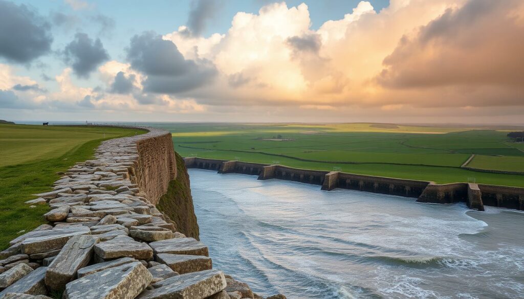 A sweeping coastal panorama of the Panoramaweg Westkapelle, the renowned hiking trail along the Dutch North Sea dike. In the foreground, the sturdy stone-reinforced embankment rises majestically, its rugged texture juxtaposed against the crashing waves below. Farther inland, rolling green pastures dotted with grazing livestock stretch towards the horizon, framed by a dramatic sky of billowing clouds illuminated by the warm glow of the setting sun. The scene exudes a timeless, weathered charm, capturing the essence of this iconic Dutch landscape and its storied history of human struggle against the ever-present power of the sea.