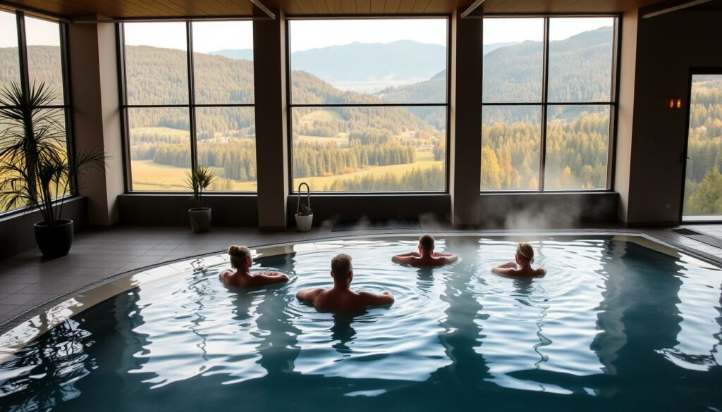 A tranquil indoor thermal spa set amidst the picturesque Bavarian countryside. The foreground features bathers relaxing in a steaming, mineral-rich pool, surrounded by serene tile work and lush potted plants. The middle ground showcases sleek, modern architecture with floor-to-ceiling windows that flood the space with warm, natural light. In the background, a panoramic view of the verdant hills and forests beyond, creating a harmonious blend of nature and modern wellness. The overall atmosphere evokes a sense of peaceful rejuvenation, where visitors can indulge in the restorative properties of the thermal waters and escape the stresses of everyday life.