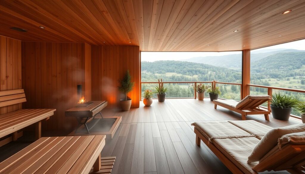 A tranquil sauna retreat, bathed in warm, ambient lighting. The foreground features a serene sauna interior, with inviting wooden benches and a gently steaming sauna stove. The middle ground showcases a spacious relaxation area, complete with plush lounge chairs and soothing nature elements like potted plants. The background depicts a panoramic view of a verdant landscape, hinting at the connection between the indoors and the great outdoors. The overall atmosphere exudes a sense of rejuvenation and escape, perfectly capturing the essence of "Saunawelt Entspannung".