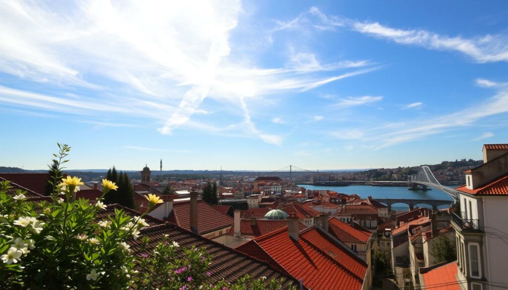 A tranquil scene of Porto in the month of May, as the city experiences the typical weather patterns of the season. In the foreground, lush greenery and blooming flowers indicate the arrival of spring, while wispy clouds drift across a bright, azure sky. The middle ground features the iconic red-tiled roofs and narrow streets of the historic city center, bathed in warm, golden light. In the distance, the Douro River winds its way through the landscape, its waters reflecting the surrounding architecture. The overall atmosphere conveys a sense of serenity and the gentle rhythms of nature, capturing the essence of the "Niederschlag und Sonnenstunden im Mai" section of the article.