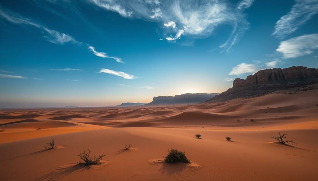A vast expanse of desert, the Moroccan Sahara stretches out in shimmering waves of sand. In the foreground, towering dunes cast long shadows as the sun dips low, creating a warm, golden glow. Scattered throughout the landscape, hardy desert plants cling to life, their weathered forms silhouetted against the horizon. In the distance, the occasional rocky outcrop punctuates the sea of sand, hinting at the rugged terrain that lies beyond. The sky above is a deep, endless blue, with wisps of cloud drifting lazily overhead. The air is still, save for the gentle whisper of the wind, carrying the scent of spice and adventure. This is the essence of the Moroccan desert, a place of timeless beauty and untamed wonder.