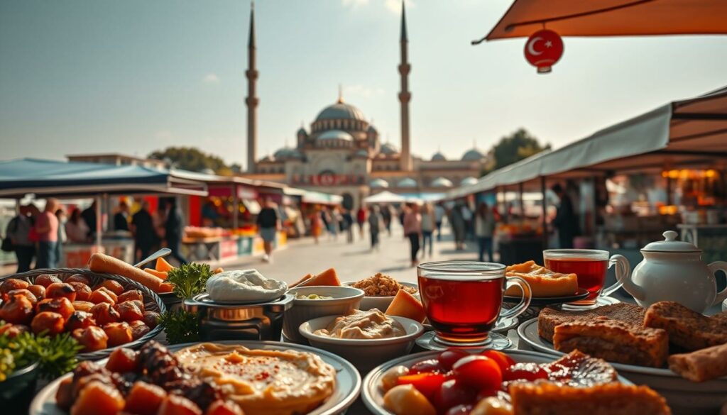 A vibrant Turkish culinary tableau, bathed in warm Mediterranean light. In the foreground, an array of mouthwatering dishes - fragrant kebabs, creamy hummus, flaky baklava, and steaming cups of aromatic Turkish tea. Across the middle ground, a bustling open-air market, vendors offering an abundance of colorful spices, fresh produce, and traditional handicrafts. In the background, the iconic domes and minarets of a historic Ottoman-era mosque, casting a serene, timeless ambiance over the scene. The composition conveys the rich cultural heritage, vibrant flavors, and welcoming hospitality that define the Turkish gastronomic experience.
